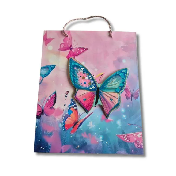 Dárková taška s 3D motýlem modro-růžová 32 x 26 cm
