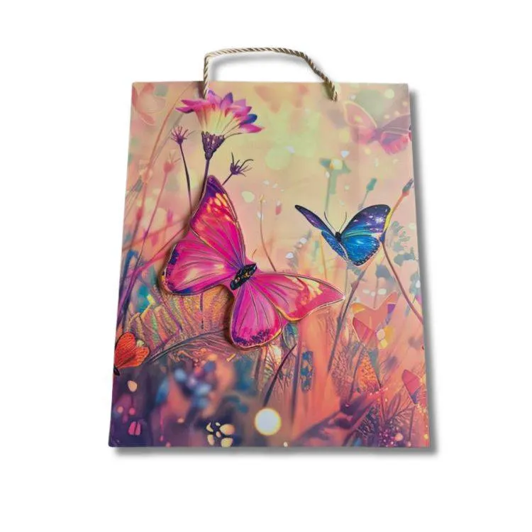 Dárková taška s 3D motýlem žluto-růžová 32 x 26 cm