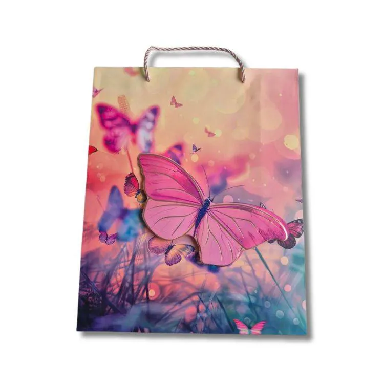 Dárková taška s 3D motýlem růžovo-fialová 32 x 26 cm