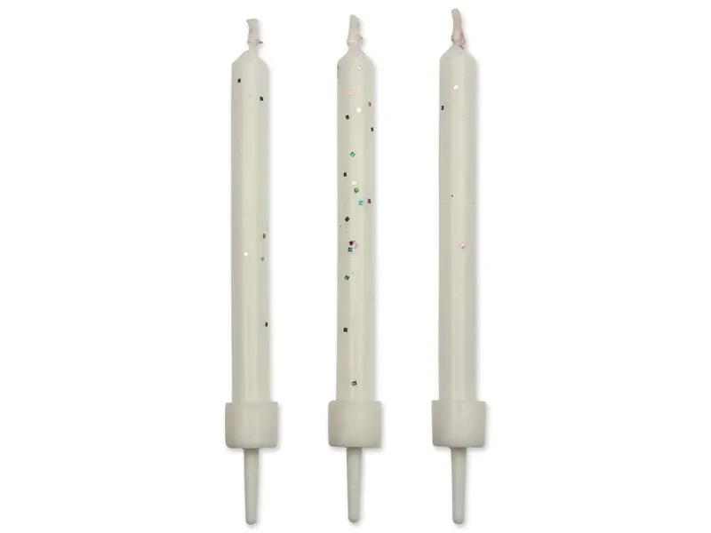 Dortové svíčky bílé s glitry 6,2 cm, 10 ks
