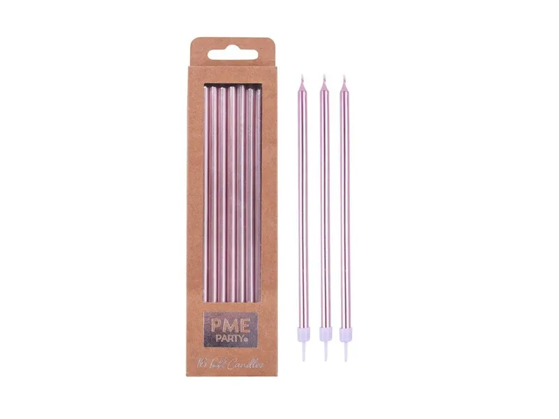 Dlouhé dortové svíčky rose gold s držáky 16 ks