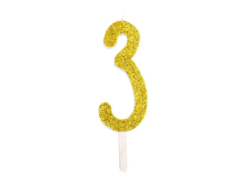 Dortová svíčka číslice 3 zlatá s třpytem 8 cm