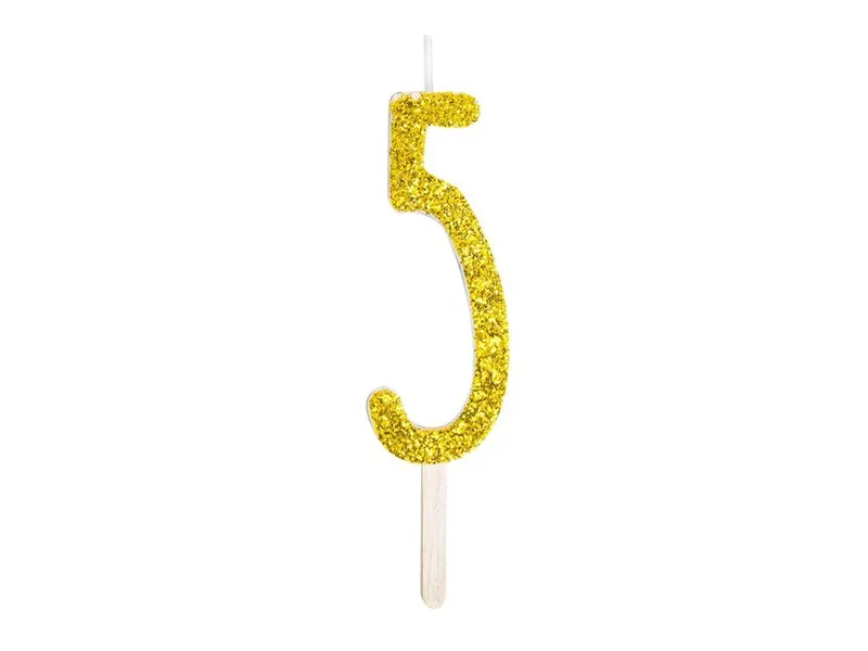 Dortová svíčka číslice 5 zlatá s třpytem 8 cm