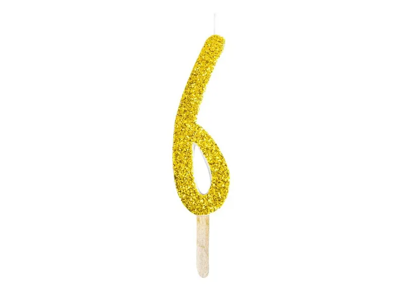 Dortová svíčka číslice 6 zlatá s třpytem 8 cm