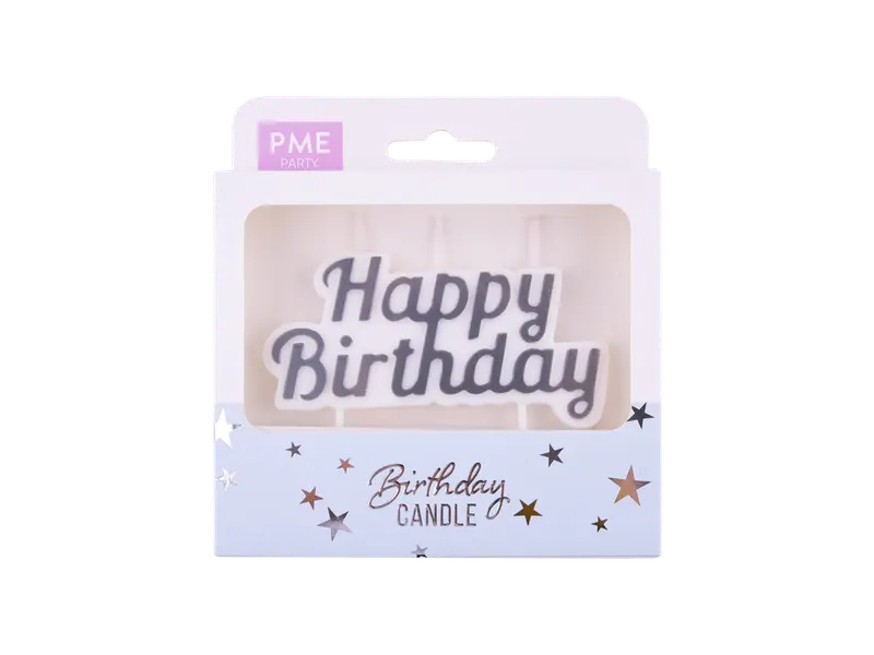 Dortové svíčky s nápisem Happy Birthday bílé stříbrné 1 ks