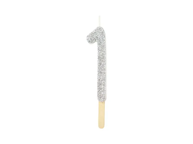 Dortová svíčka číslice 1 stříbrná s třpytem 8 cm