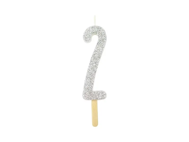 Dortová svíčka číslice 2 stříbrná s třpytem 8 cm