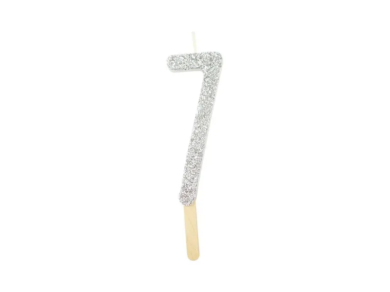 Dortová svíčka číslice 7 stříbrná s třpytem 8 cm