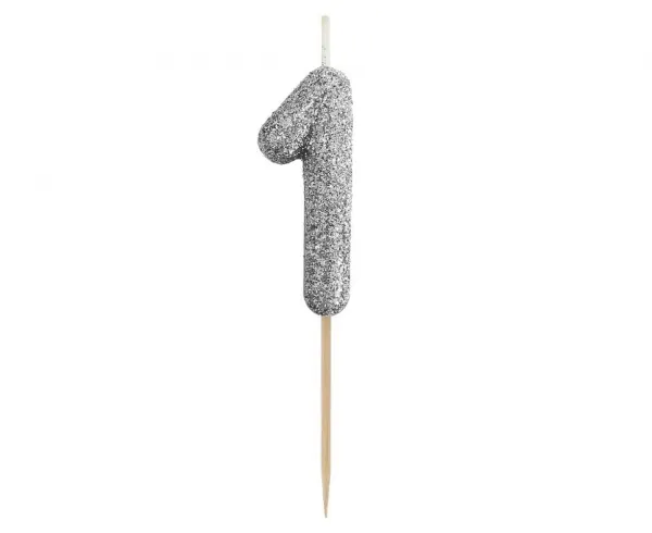Dortová svíčka číslo 1 - třpytivá černo stříbrná, 11 x 3,5 cm