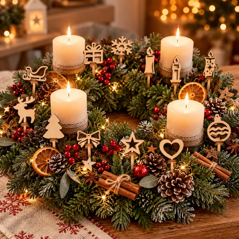 Dřevěné ozdoby - Sada na dekoraci adventního věnce 13 ks