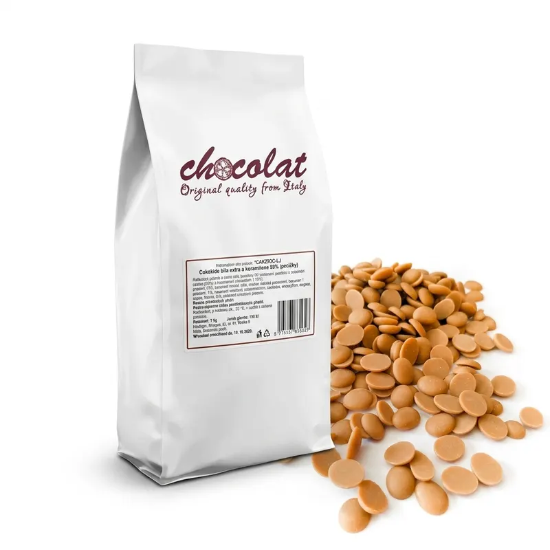 Čokoláda bílá s karamelem 29 % v pecičkách, 1 kg