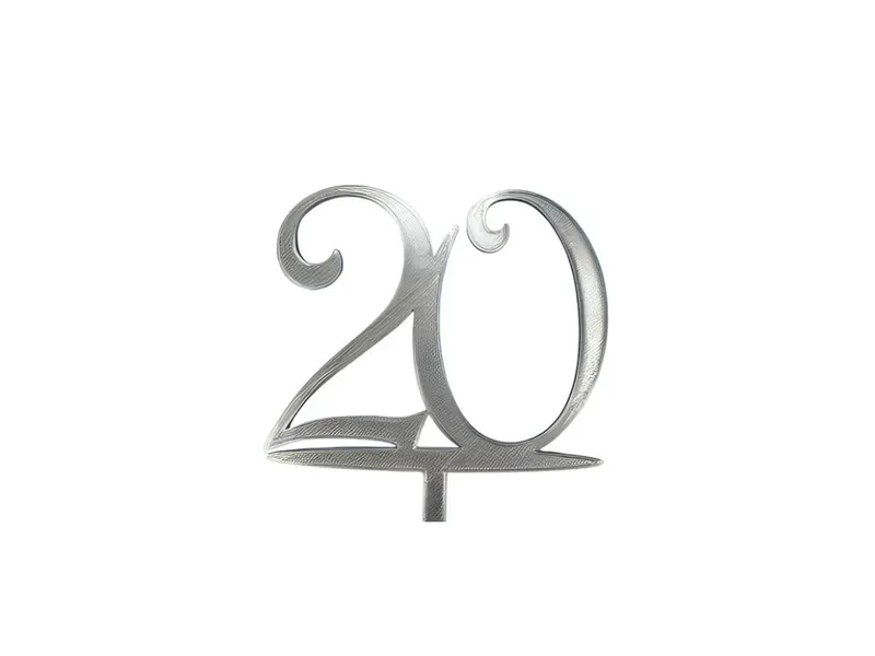 Zápich na dort číslo 20, stříbrný, PLA plast 105 x 102 mm