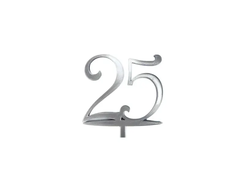 Zápich na dort číslo 25, stříbrný, PLA plast 105 x 102 mm